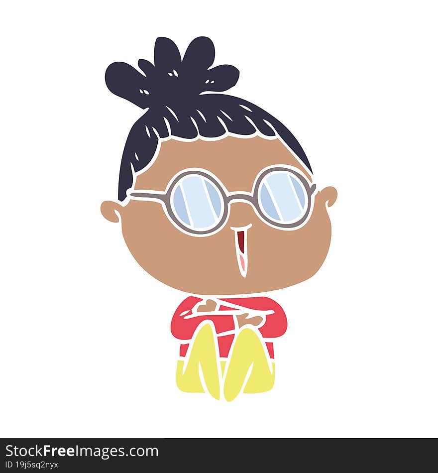 Flat Color Style Cartoon Woman Wearing Spectacles