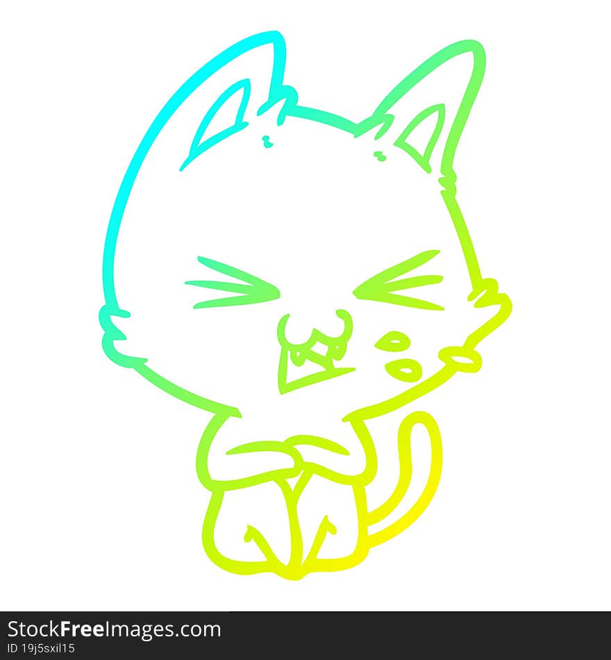 cold gradient line drawing of a cartoon cat hissing