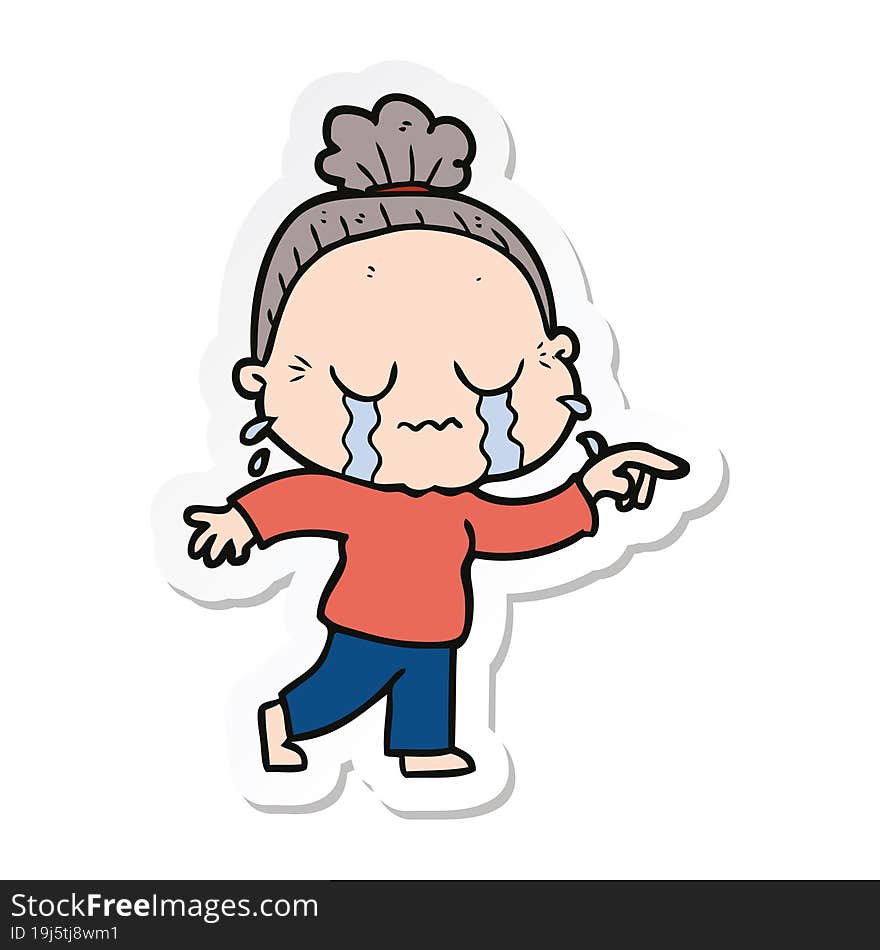 sticker of a cartoon crying old lady