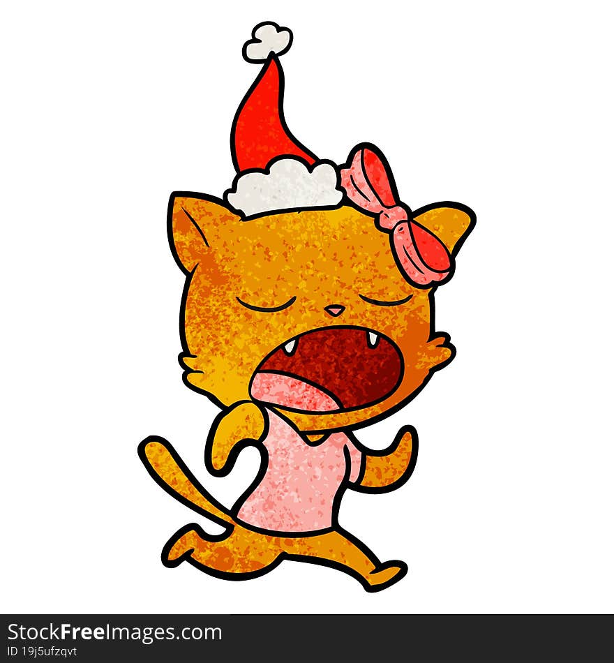 textured cartoon of a yawning cat wearing santa hat