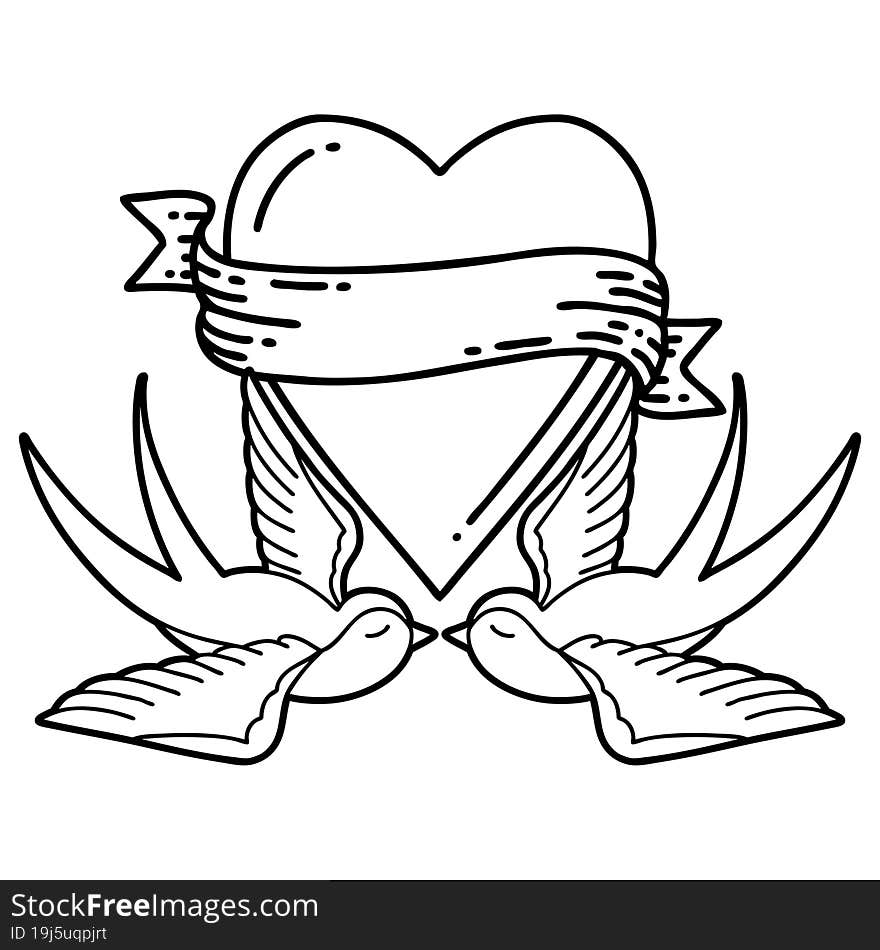 tattoo in black line style of swallows and a heart with banner. tattoo in black line style of swallows and a heart with banner