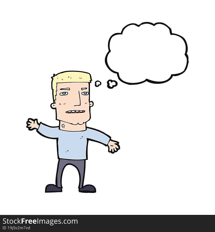 cartoon waving stressed man with thought bubble