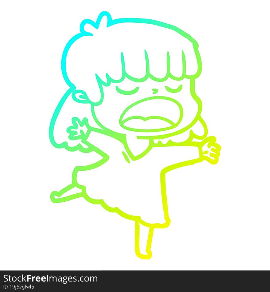 cold gradient line drawing of a cartoon woman talking loudly