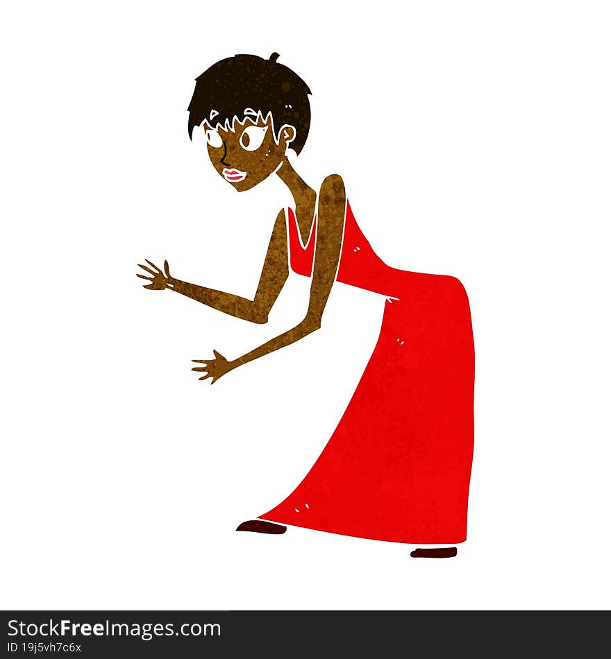 cartoon woman in dress gesturing