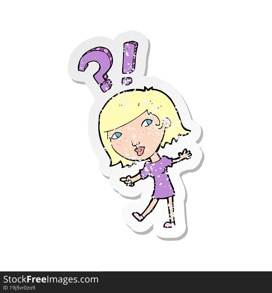 Retro Distressed Sticker Of A Cartoon Woman Asking Question