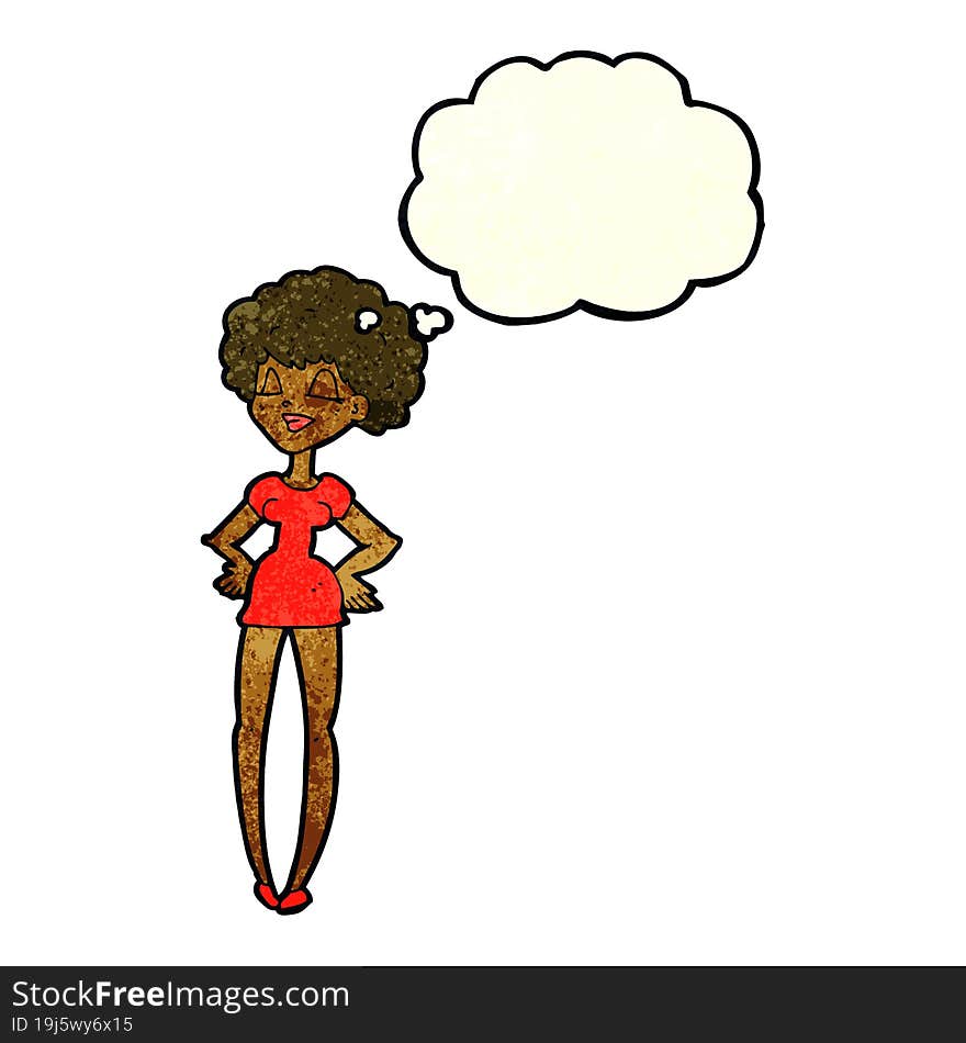 Cartoon Happy Woman With Hands On Hips With Thought Bubble