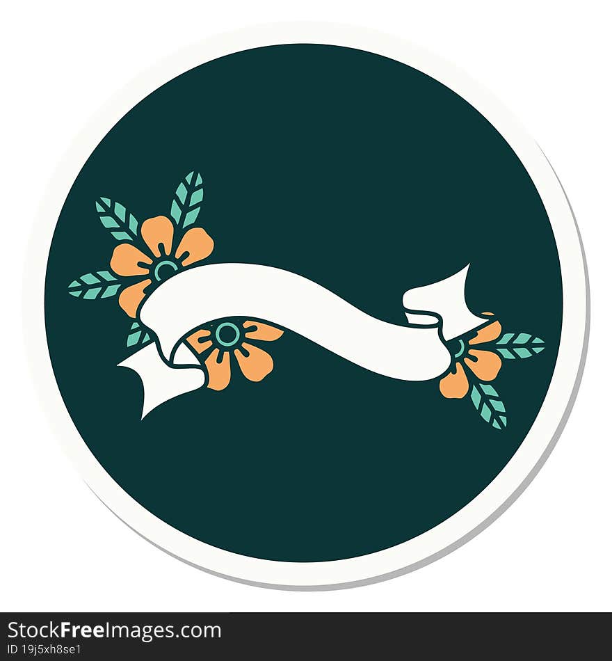 sticker of tattoo in traditional style of a banner and flowers. sticker of tattoo in traditional style of a banner and flowers