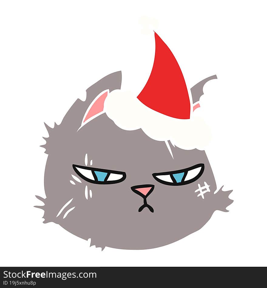 hand drawn flat color illustration of a tough cat face wearing santa hat