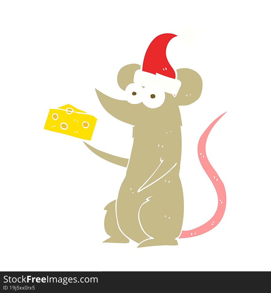 flat color illustration of a cartoon christmas mouse with cheese