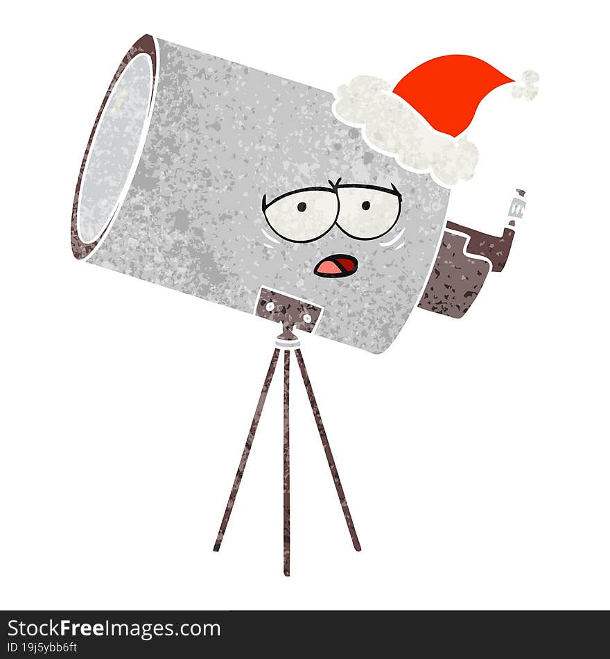 retro cartoon of a bored telescope with face wearing santa hat