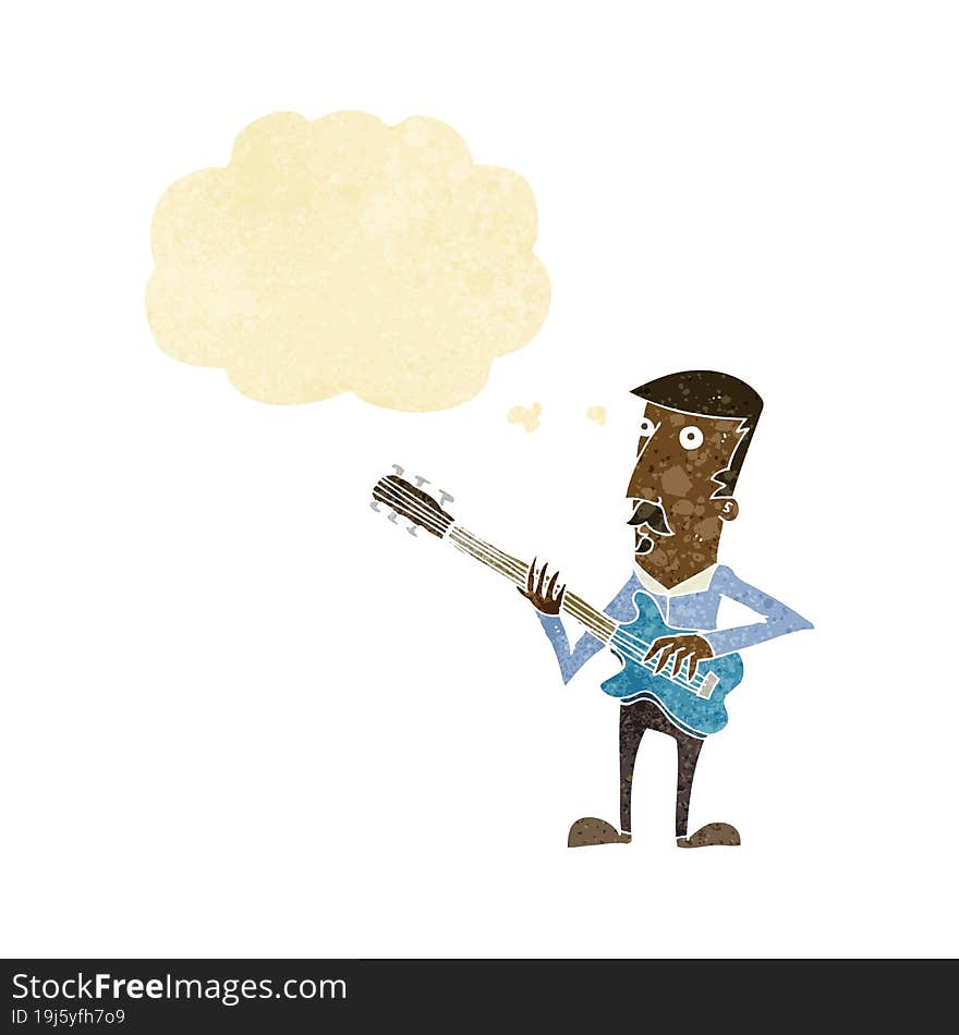 cartoon man playing electric guitar with thought bubble