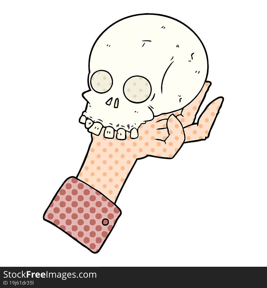 cartoon hand holding skull. cartoon hand holding skull