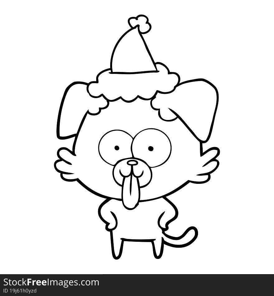 hand drawn line drawing of a dog with tongue sticking out wearing santa hat