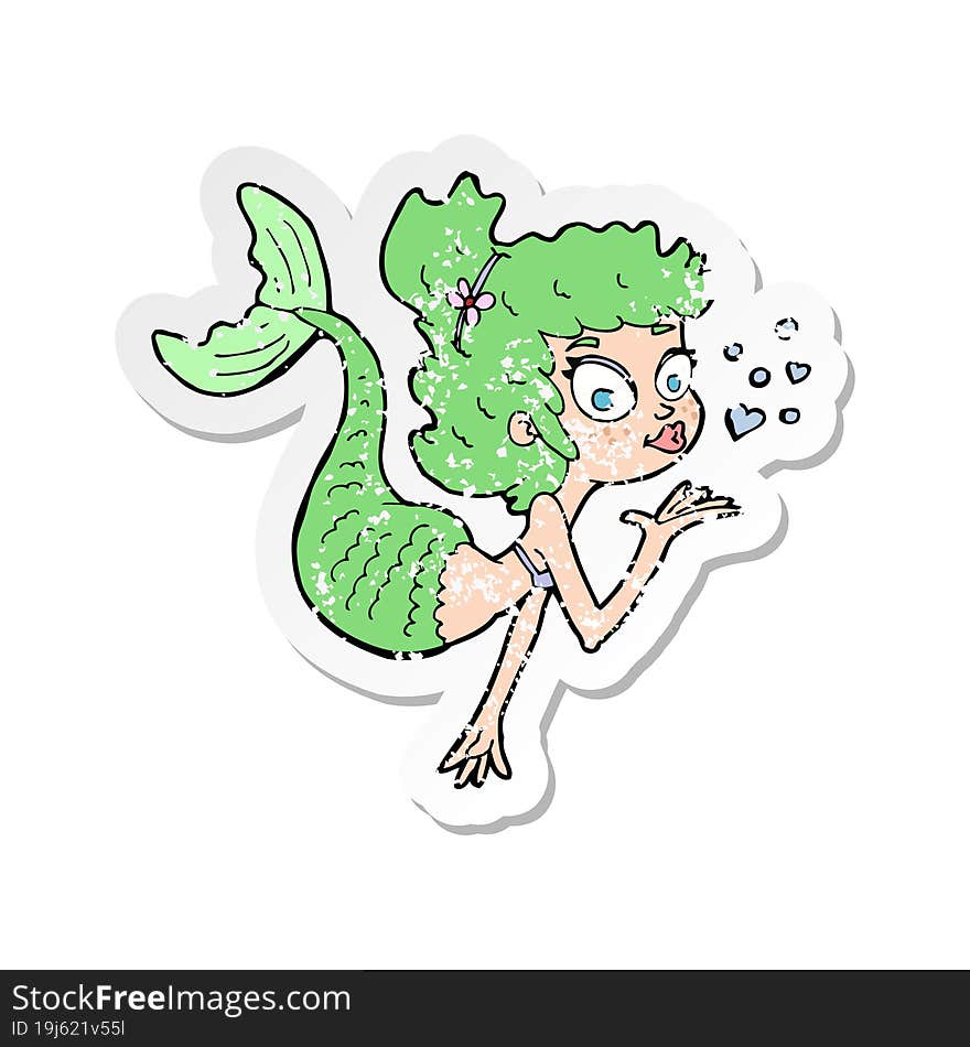 Retro Distressed Sticker Of A Cartoon Pretty Mermaid