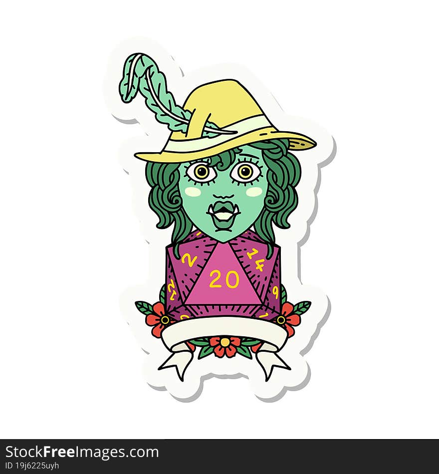 sticker of a half orc bard with natural 20 dice roll. sticker of a half orc bard with natural 20 dice roll