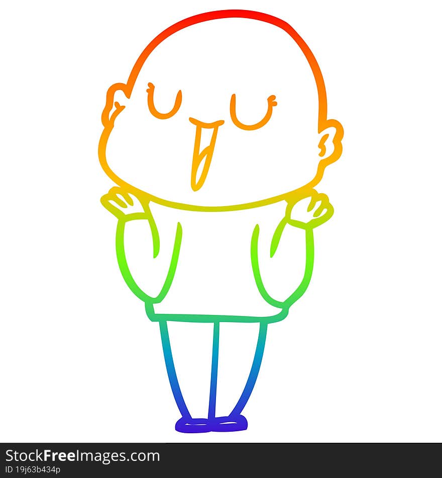 rainbow gradient line drawing happy cartoon bald man shrugging shoulders