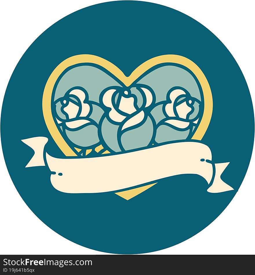 Tattoo Style Icon Of A Heart And Banner With Flowers