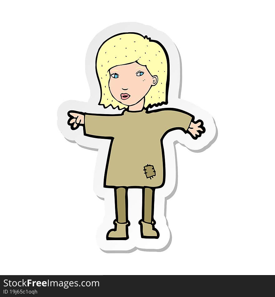 sticker of a cartoon woman in patched clothing