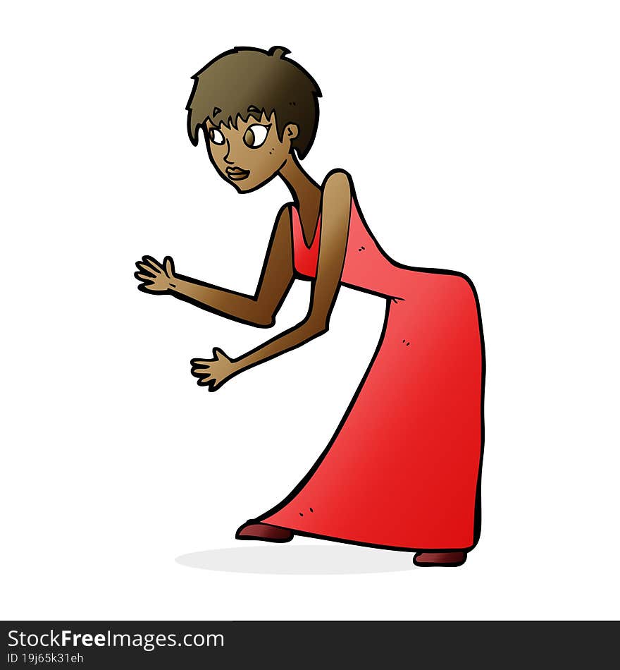 cartoon woman in dress gesturing