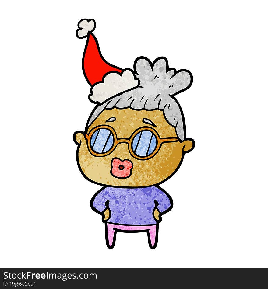 textured cartoon of a librarian woman wearing spectacles wearing santa hat