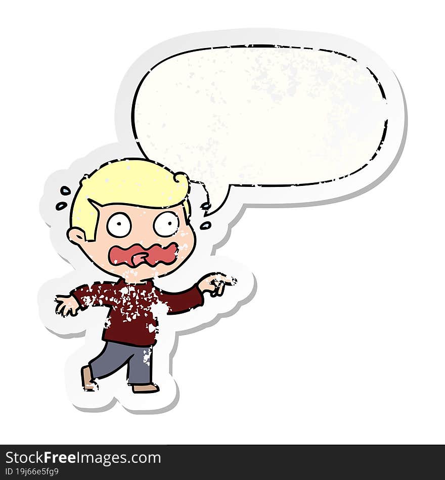 cartoon stressed out pointing and speech bubble distressed sticker