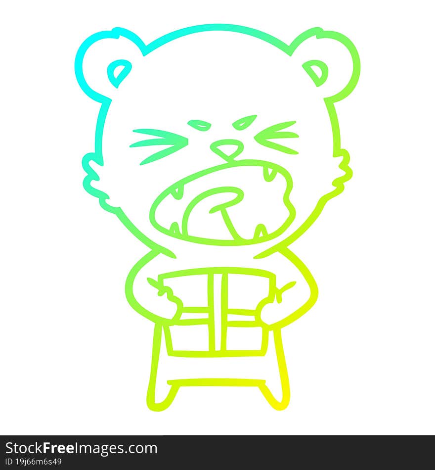 cold gradient line drawing angry cartoon bear with present