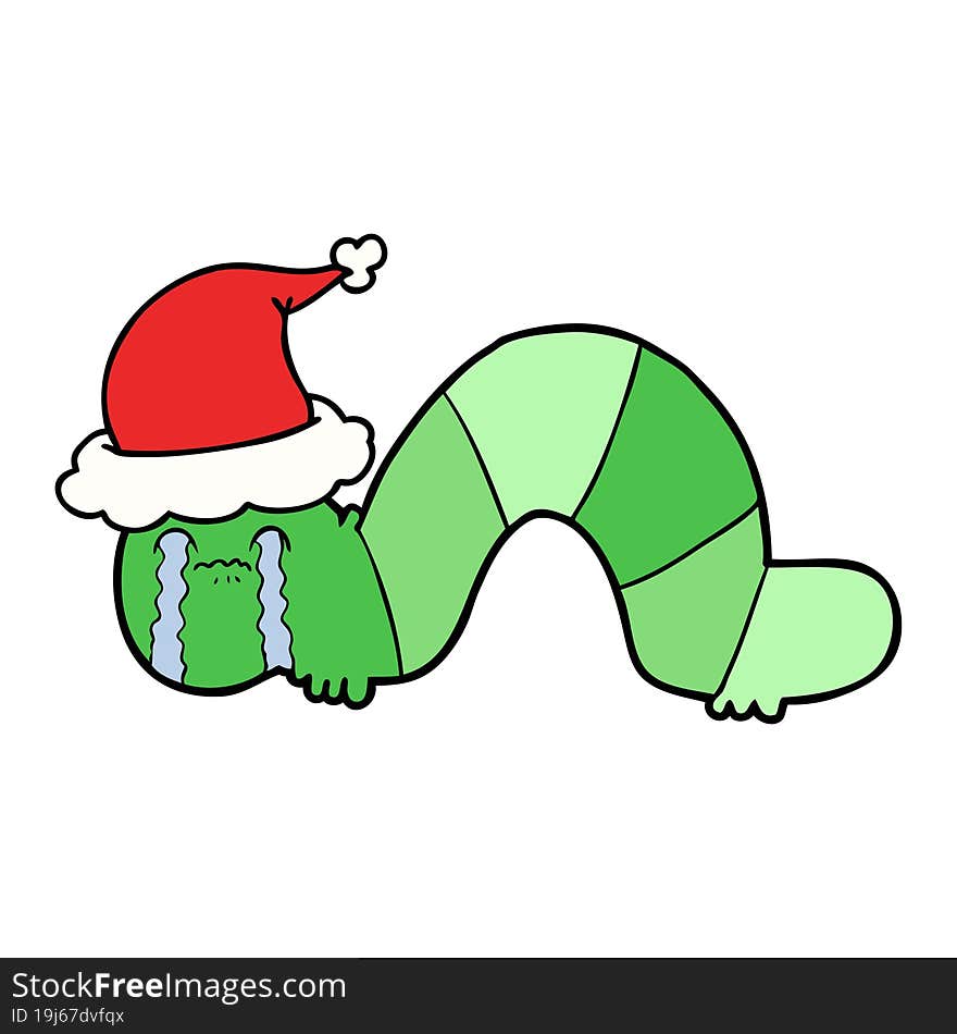 line drawing of a caterpillar obsessing over his regrets wearing santa hat