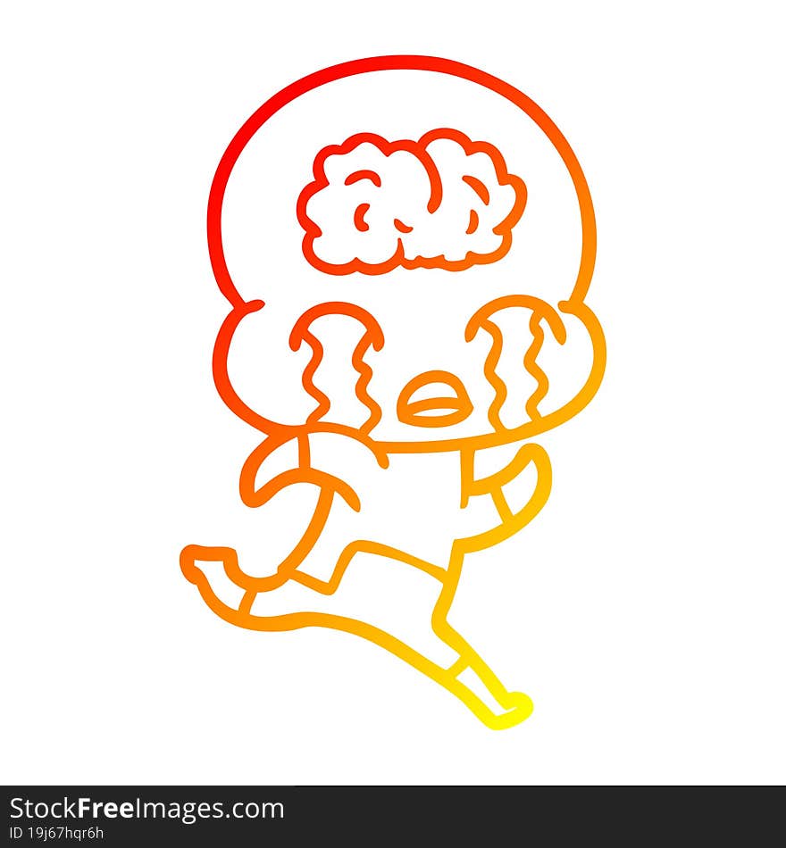 Warm Gradient Line Drawing Cartoon Big Brain Alien Crying