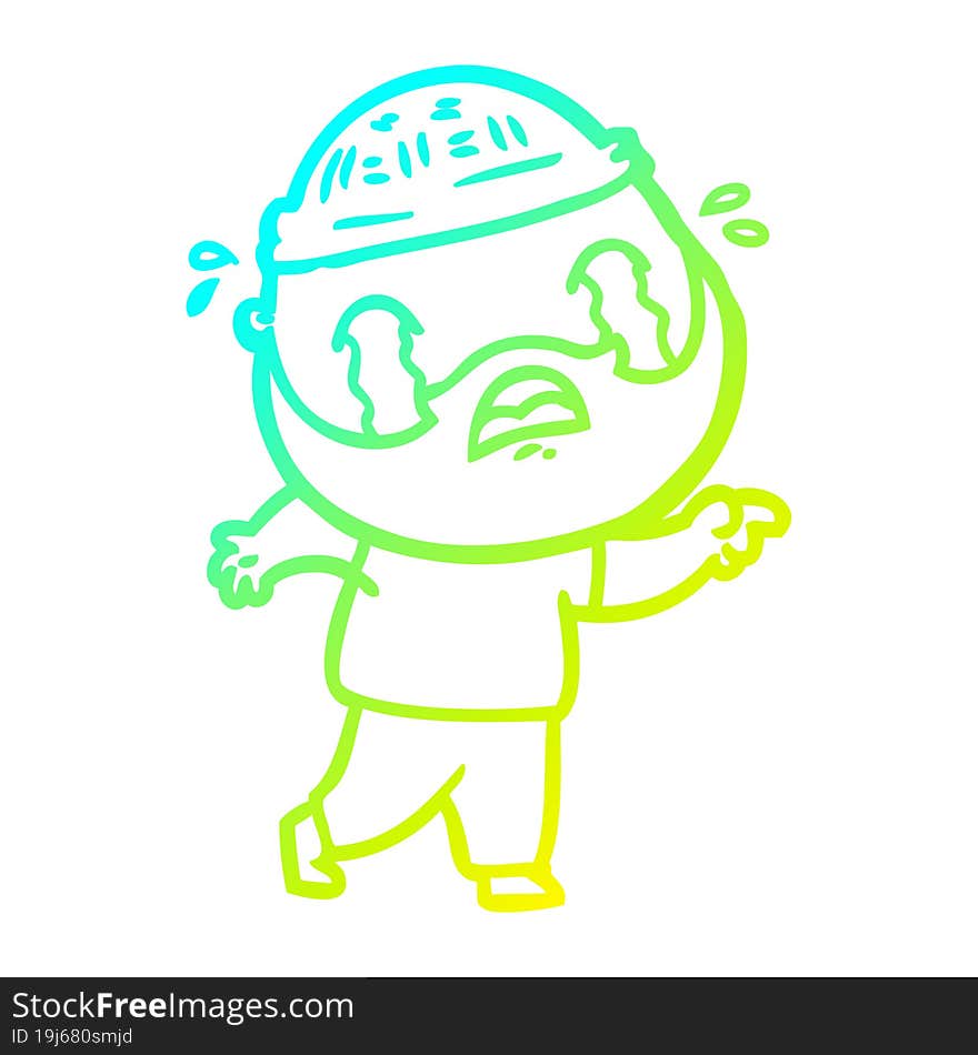 cold gradient line drawing of a cartoon bearded man crying