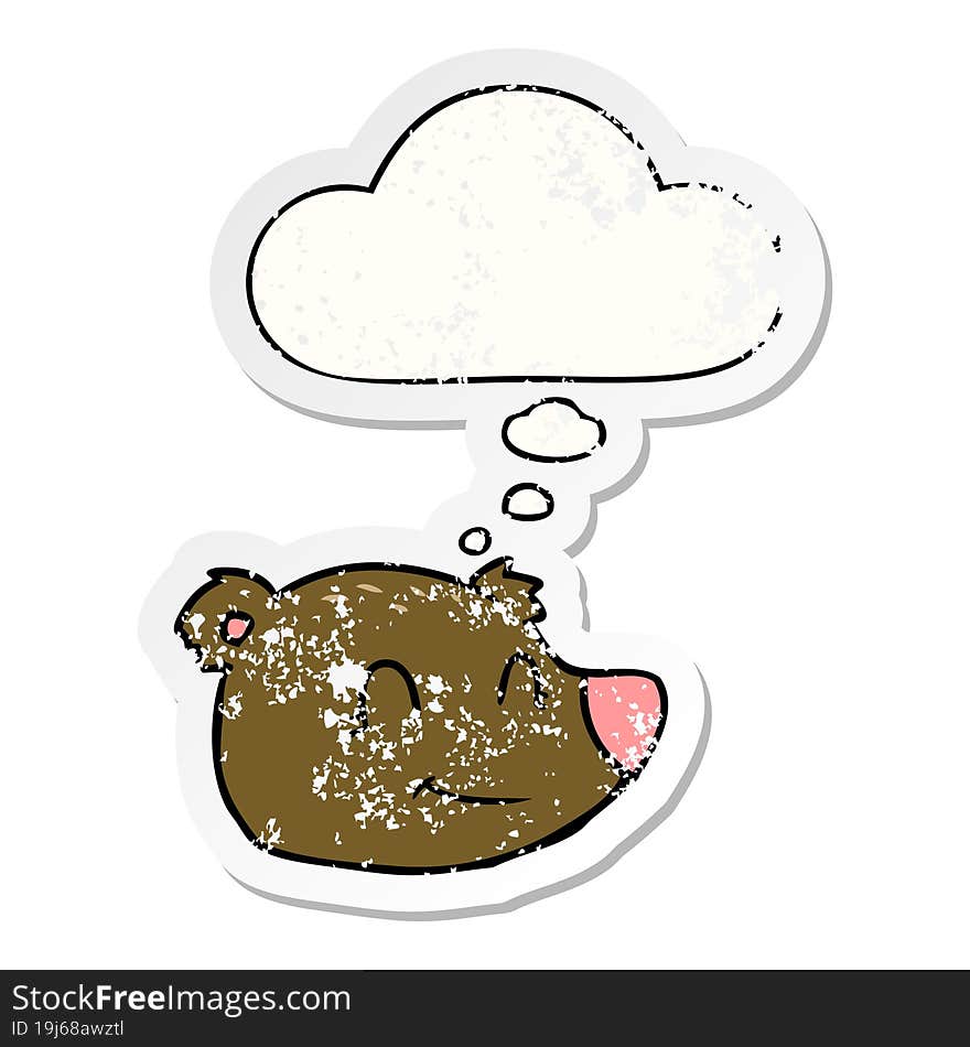 cartoon happy bear face and thought bubble as a distressed worn sticker