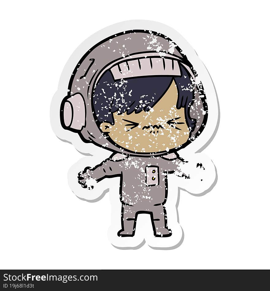 distressed sticker of a cartoon astronaut woman