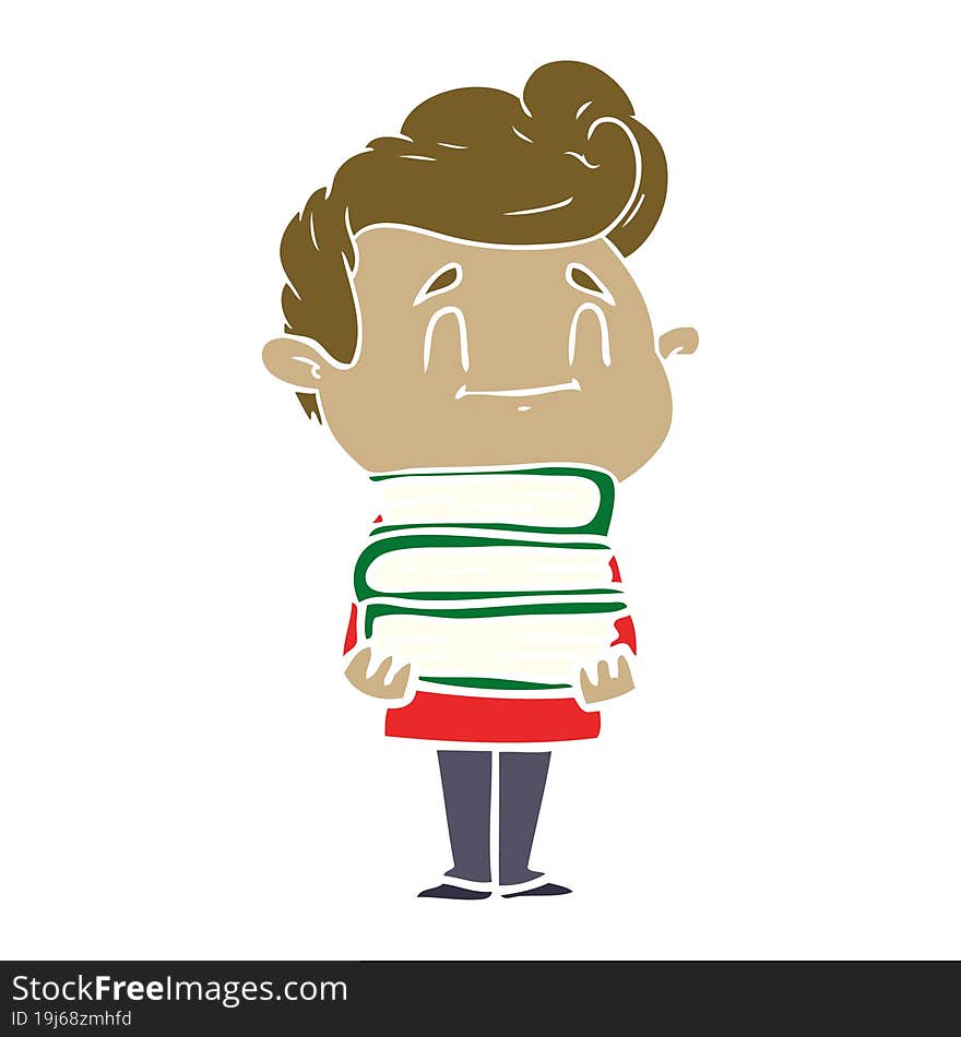 Happy Flat Color Style Cartoon Man With Stack Of New Books