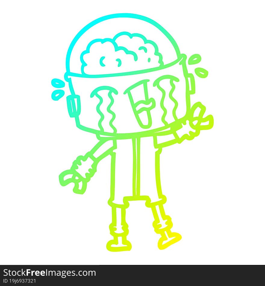 cold gradient line drawing of a cartoon crying robot waving