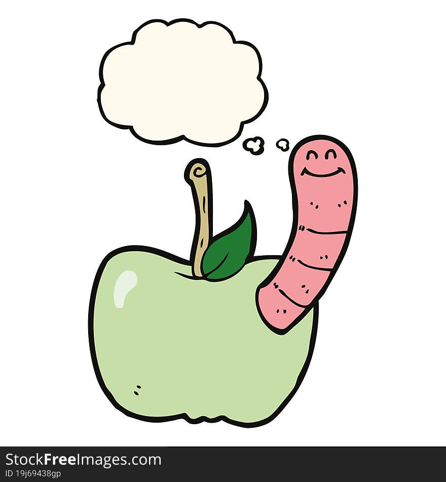 cartoon apple with worm with thought bubble