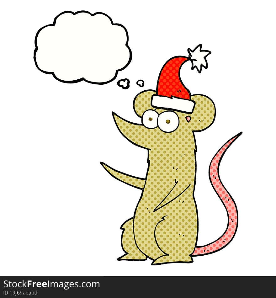 freehand drawn thought bubble cartoon mouse wearing christmas hat