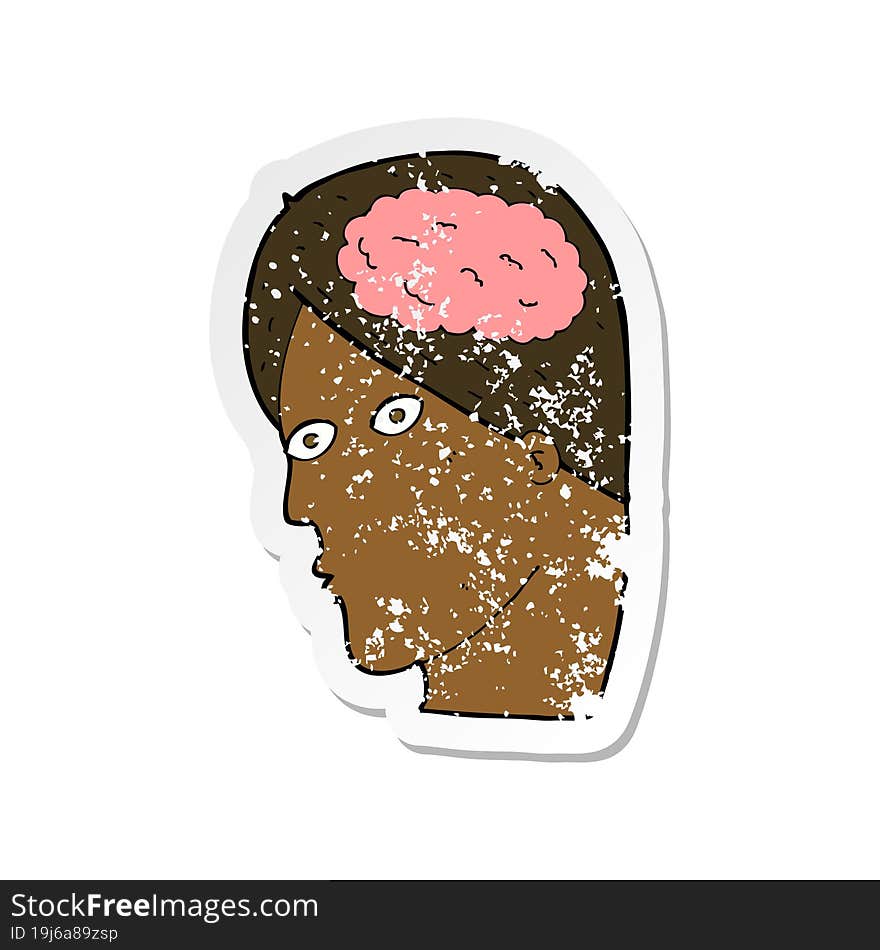 Retro Distressed Sticker Of A Cartoon Head With Brain Symbol