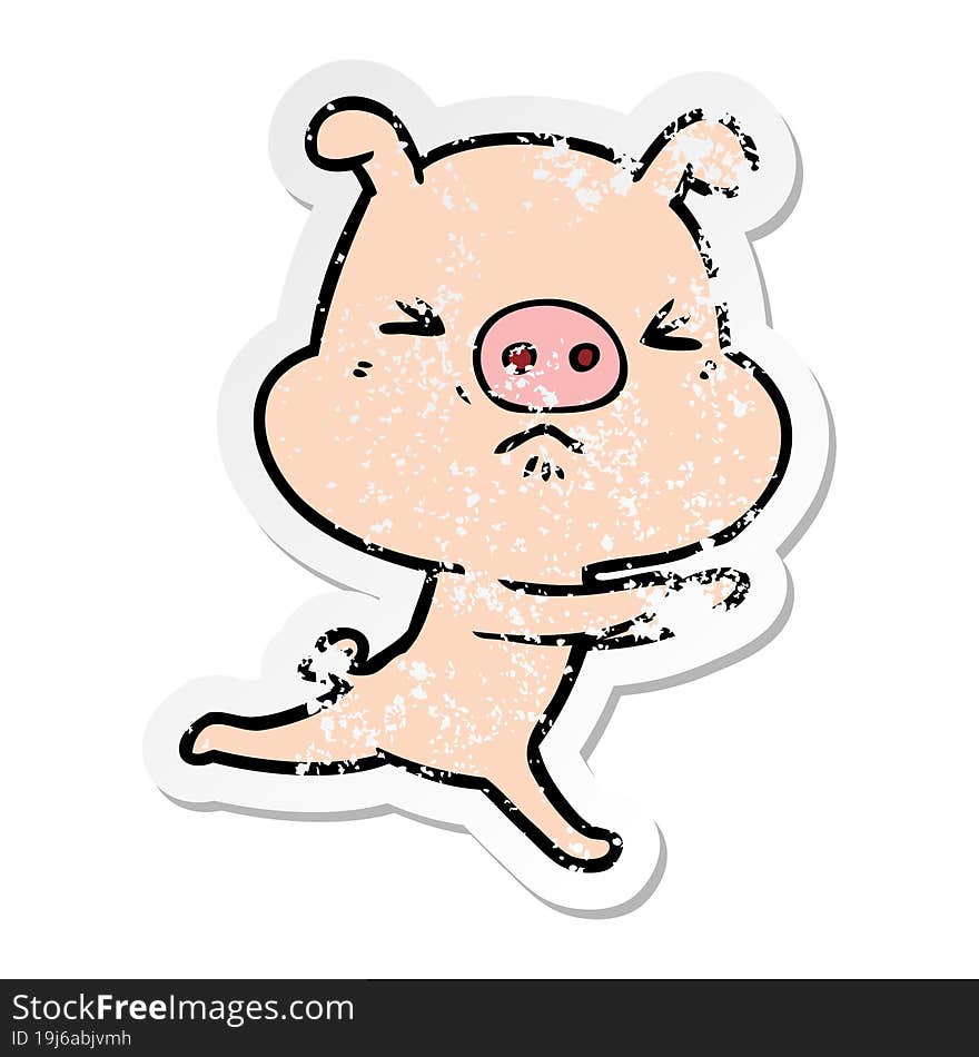 distressed sticker of a cartoon annoyed pig running