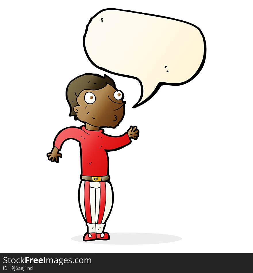 cartoon man in loud clothes with speech bubble