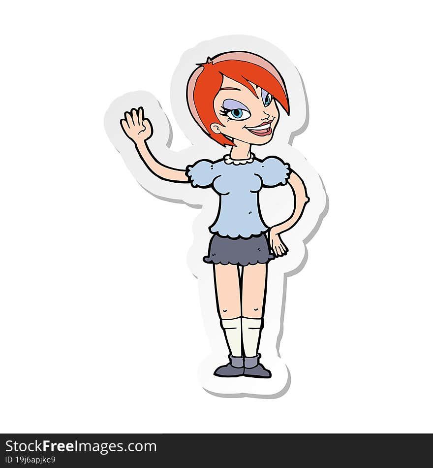 sticker of a cartoon waving woman