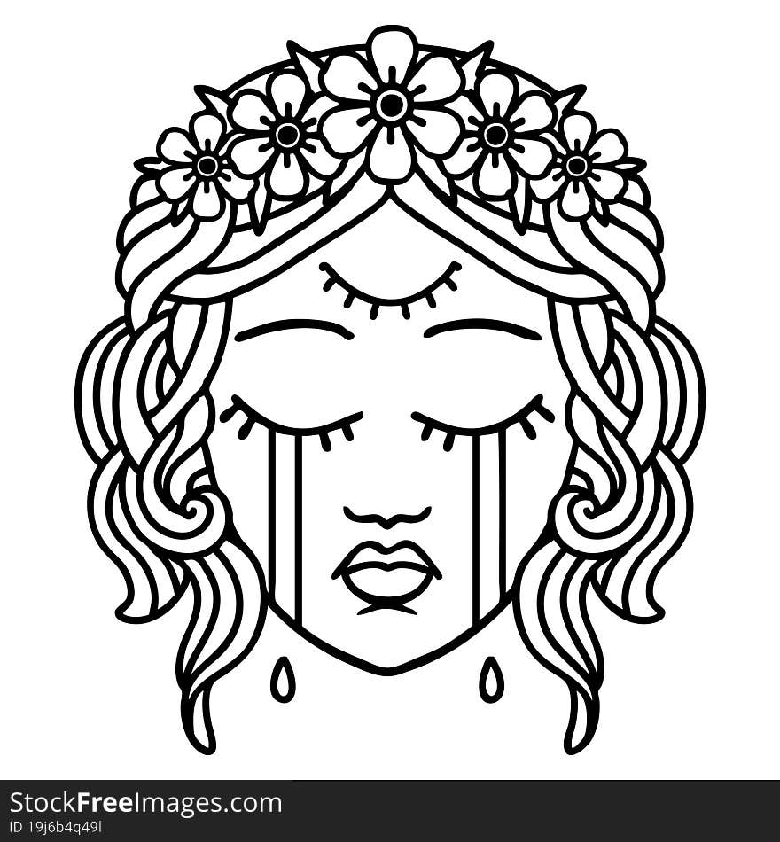 tattoo in black line style of female face with third eye and crown of flowers cyring. tattoo in black line style of female face with third eye and crown of flowers cyring