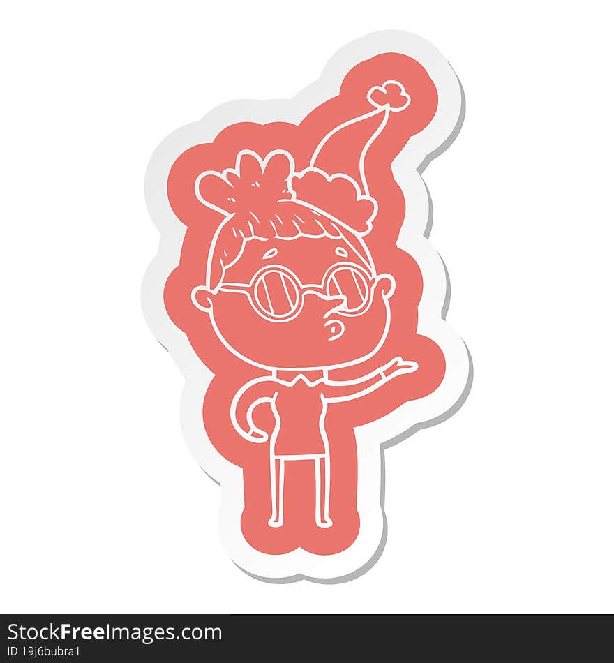 Cartoon  Sticker Of A Woman Wearing Glasses Wearing Santa Hat