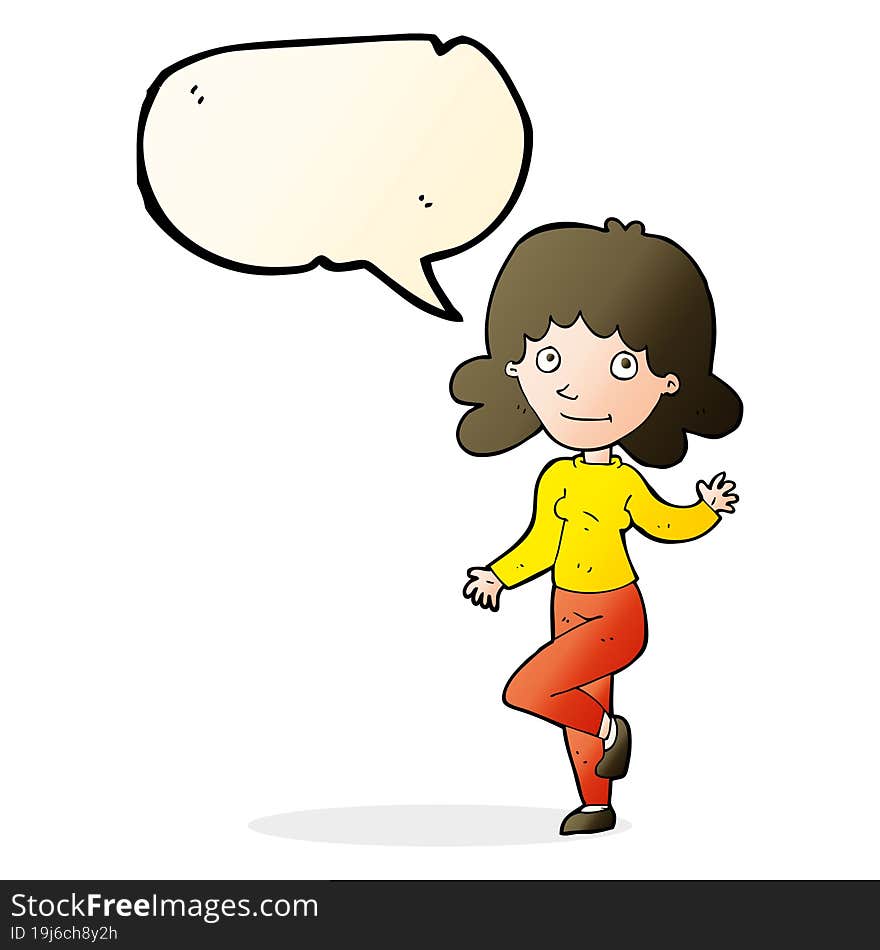 cartoon friendly woman waving with speech bubble