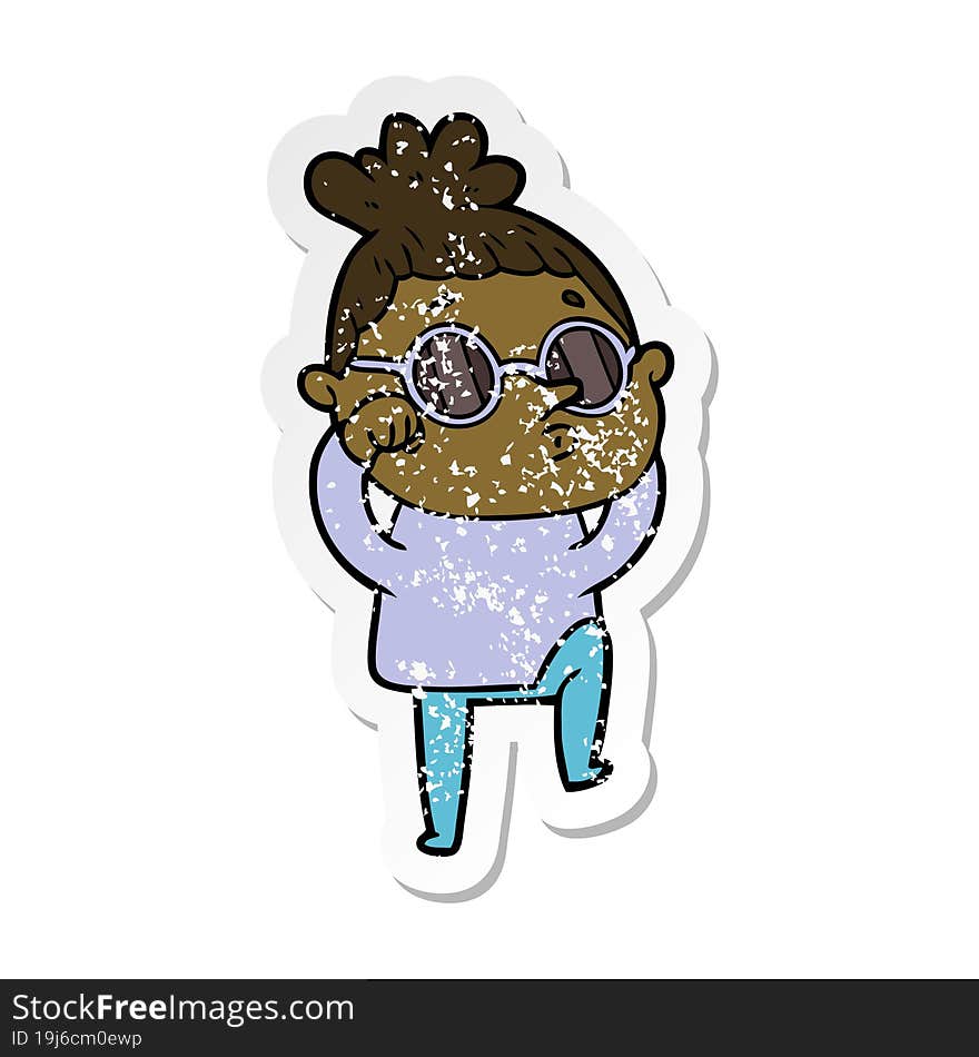 distressed sticker of a cartoon woman wearing sunglasses