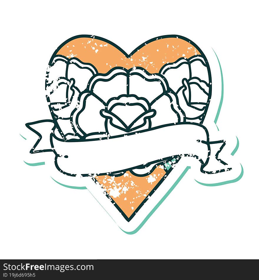 Distressed Sticker Tattoo Style Icon Of A Heart And Banner With Flowers