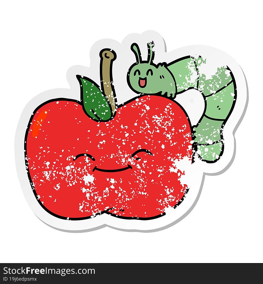 Distressed Sticker Of A Cartoon Apple And Bug