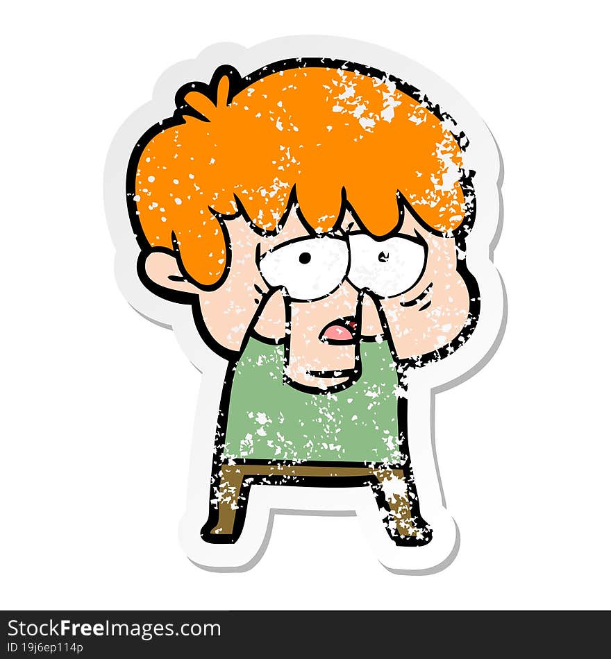 distressed sticker of a cartoon exhausted boy