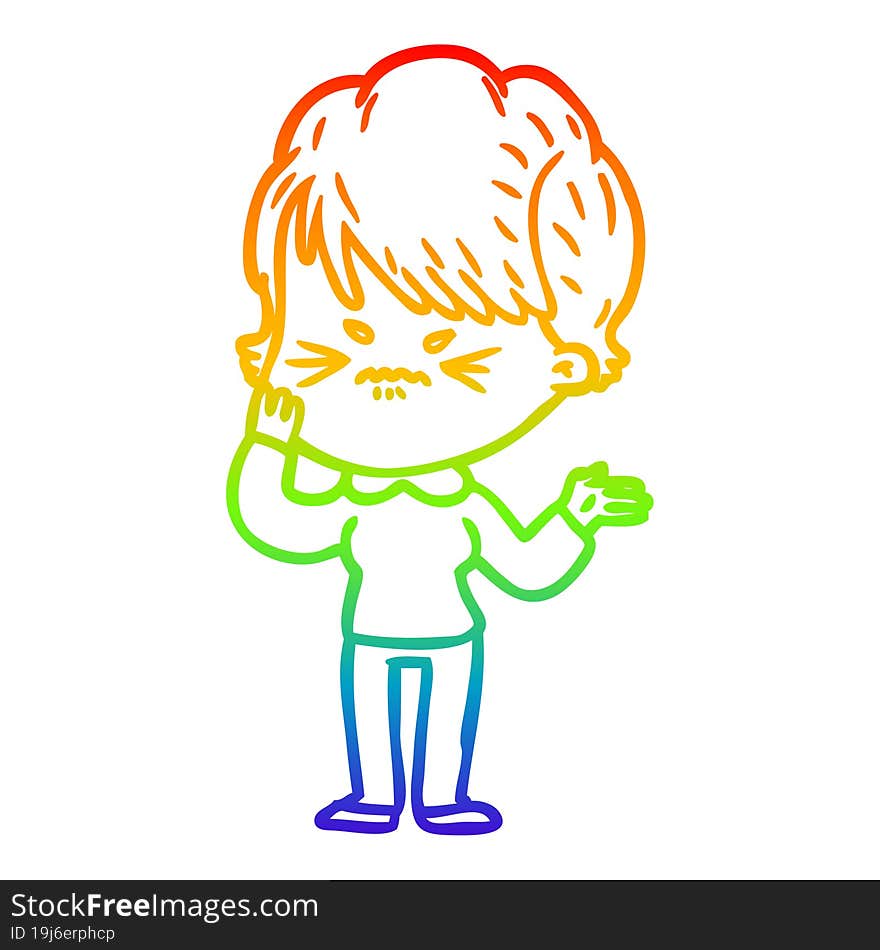 rainbow gradient line drawing of a cartoon frustrated woman