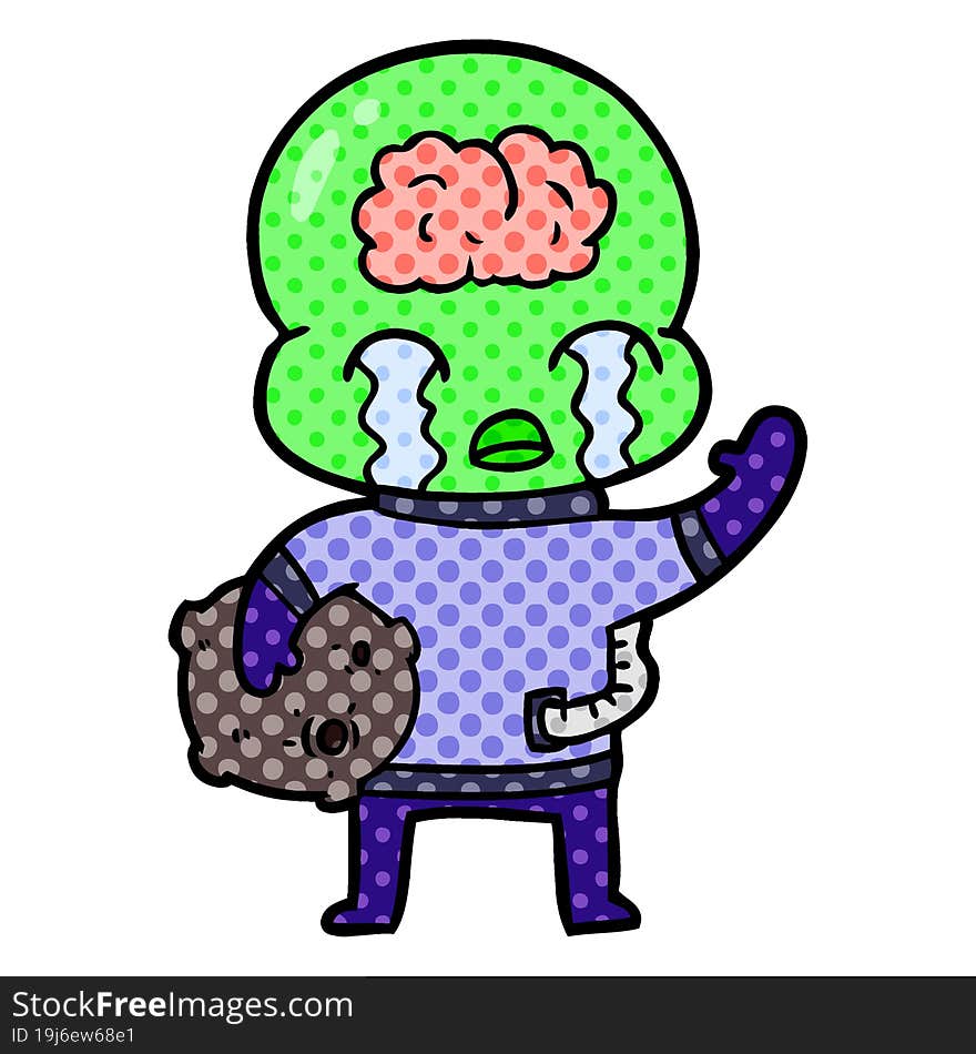 cartoon big brain alien crying and waving goodbye. cartoon big brain alien crying and waving goodbye