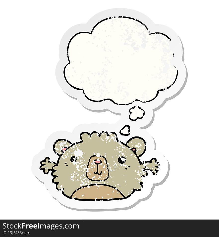 funny cartoon bear and thought bubble as a distressed worn sticker