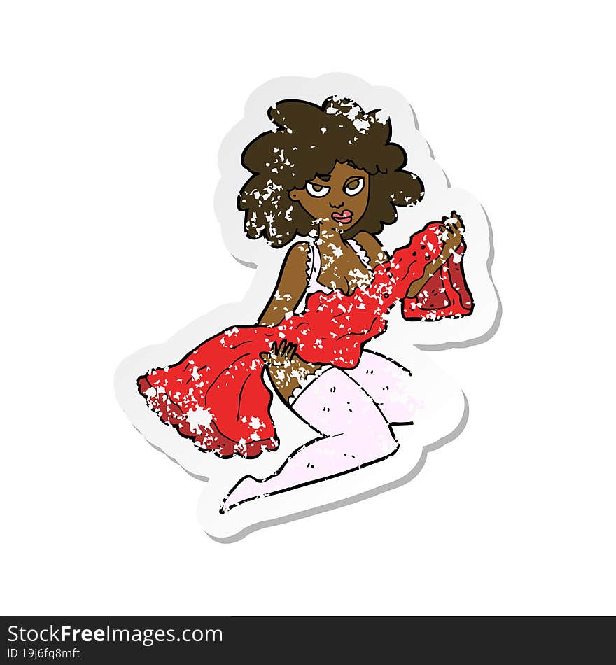 retro distressed sticker of a cartoon woman changing